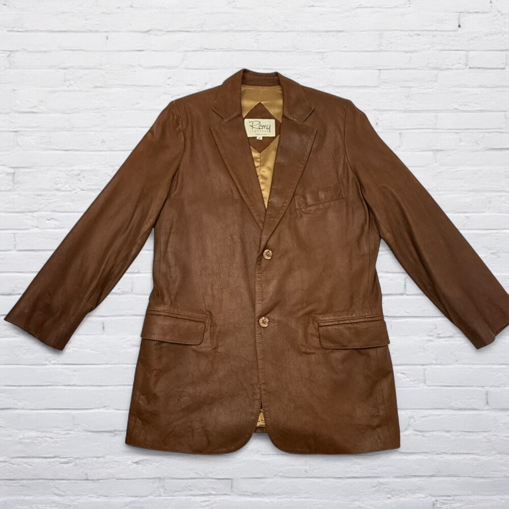 Remy Leather Blazer Jacket Mens 40 Brown Made USA Two Button Sport Coat Classic